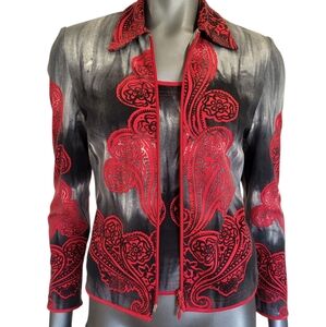 370. Joseph Ribkoff Red and Black Patterned 2 Piece Jacket & Cami - Size 4